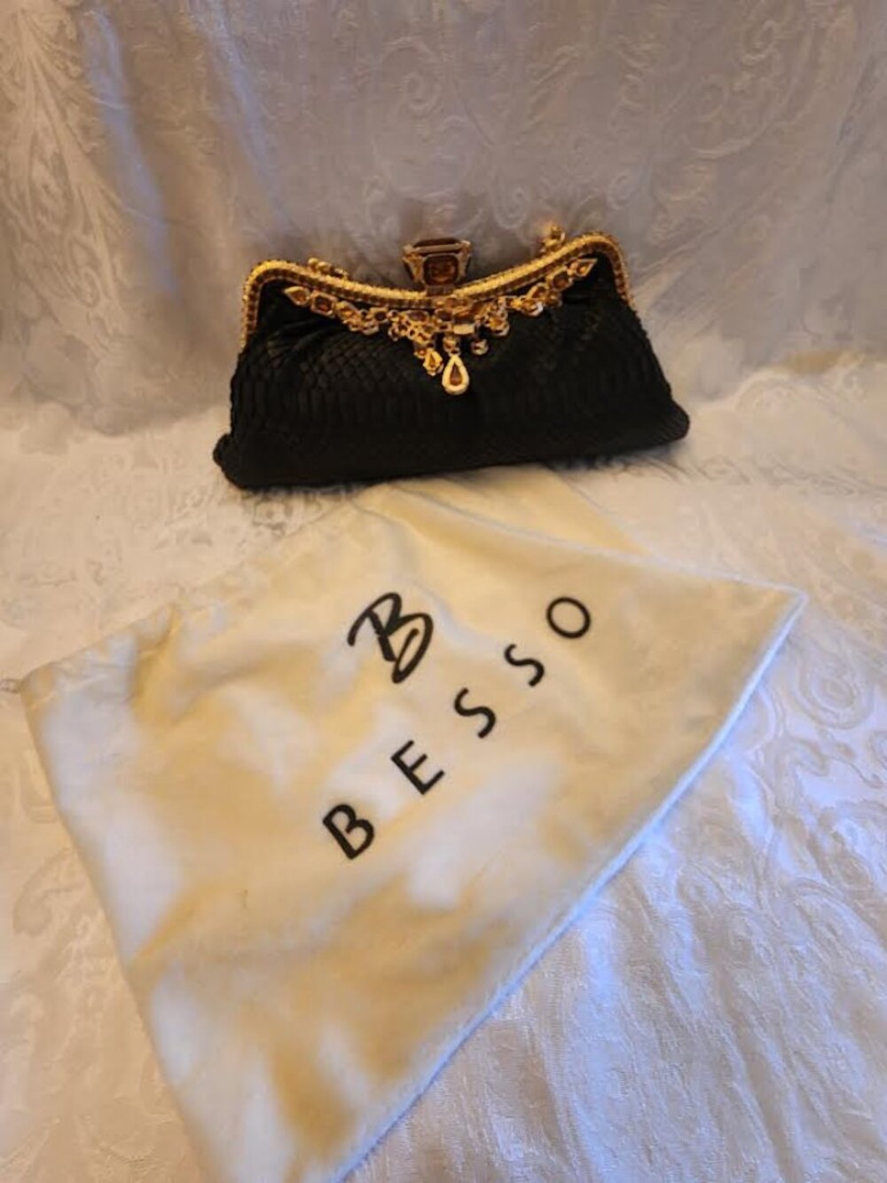 NEW BESSO BLACK LEATHER PURSE W/GOLD BLING & CRYSTALS